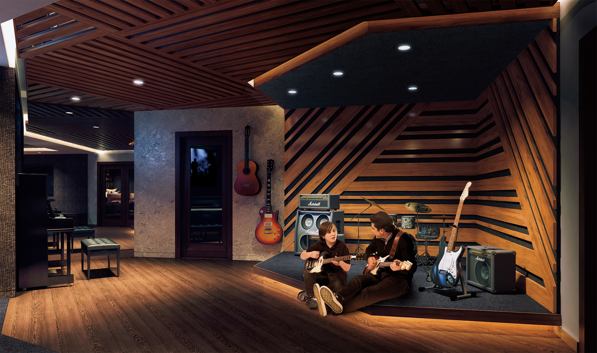 A Father and Son playing Guitars in the Sound Lounge